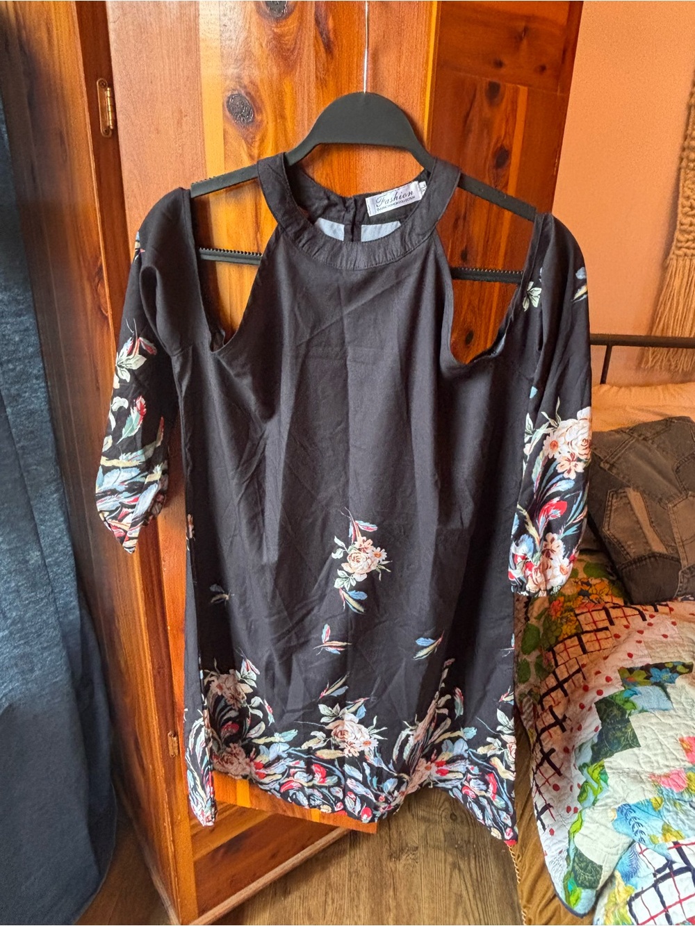 Black Floral Cold-Shoulder Tunic with Floral Hem